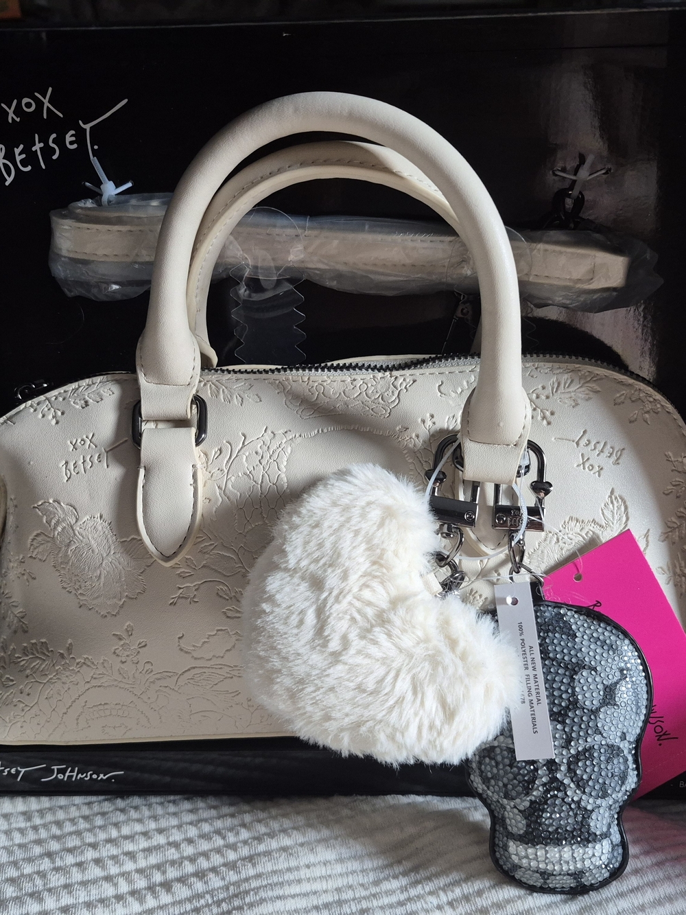 Betsey Johnson Cream Embossed Satchel with Faux Fur Pom